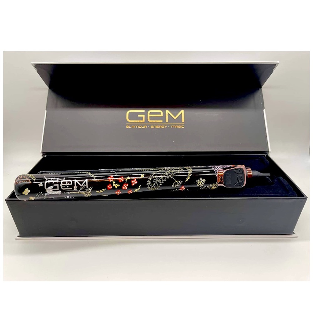 GEM flat iron black with colorful floral details.